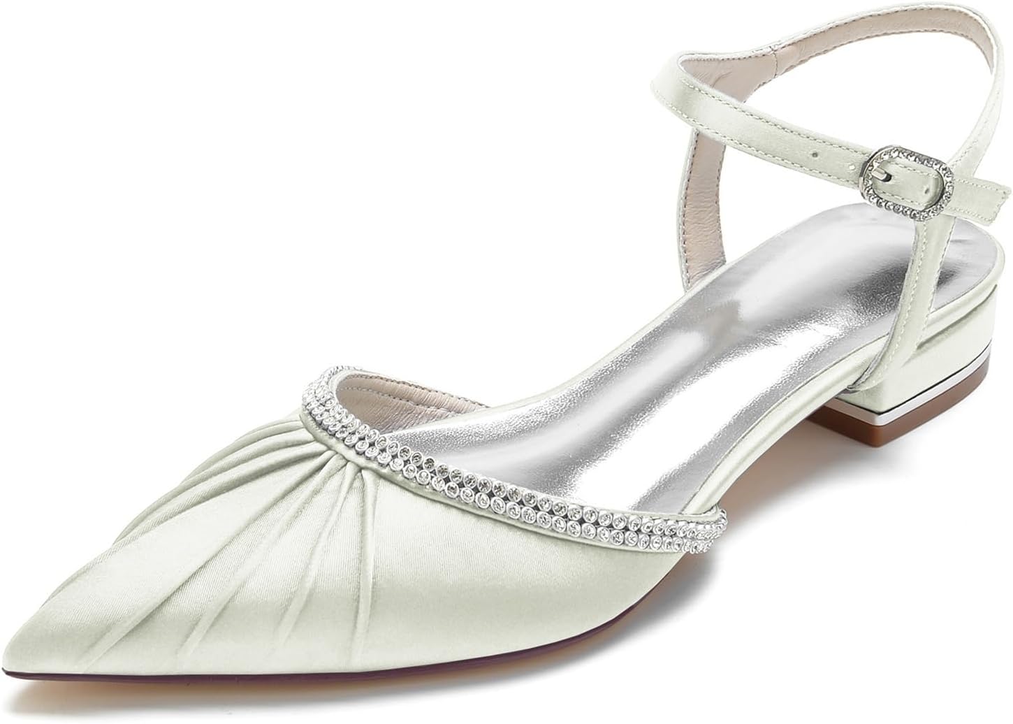 Women's Satin Pointed Toe Slingback Flats Crystal Trim Pleated Design Elegant Evening Dress Shoes