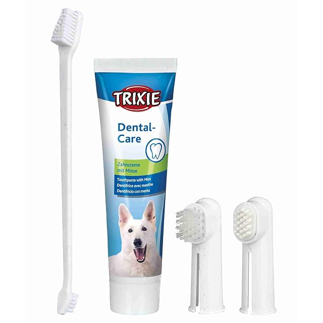TRIXIE - Set Higiene Dental para Perros, Pasta Dental con Menta (100 g), Cepillo Dedo y Cepillo Masajeador…