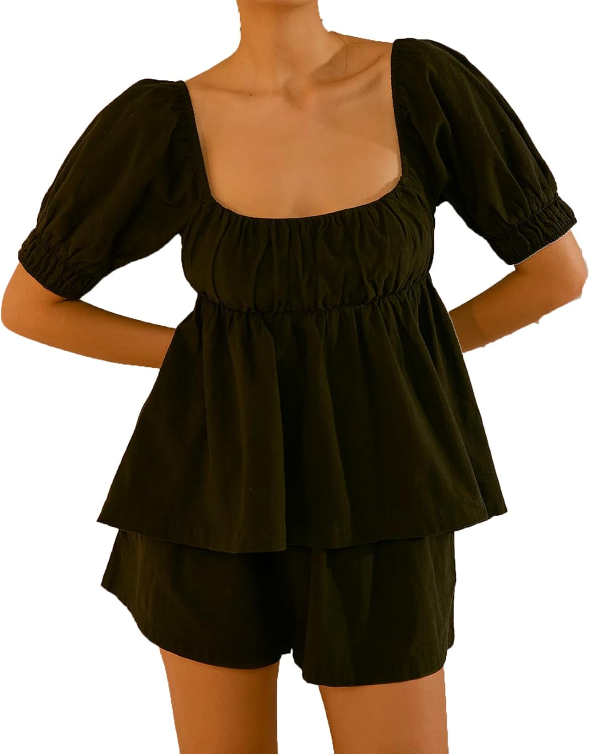 Womens 2 Piece Suit Red Bodysuit Square Neck Puff Sleeve Tie Bow Back Babydoll Tops Summer Beach Casual Shorts Set