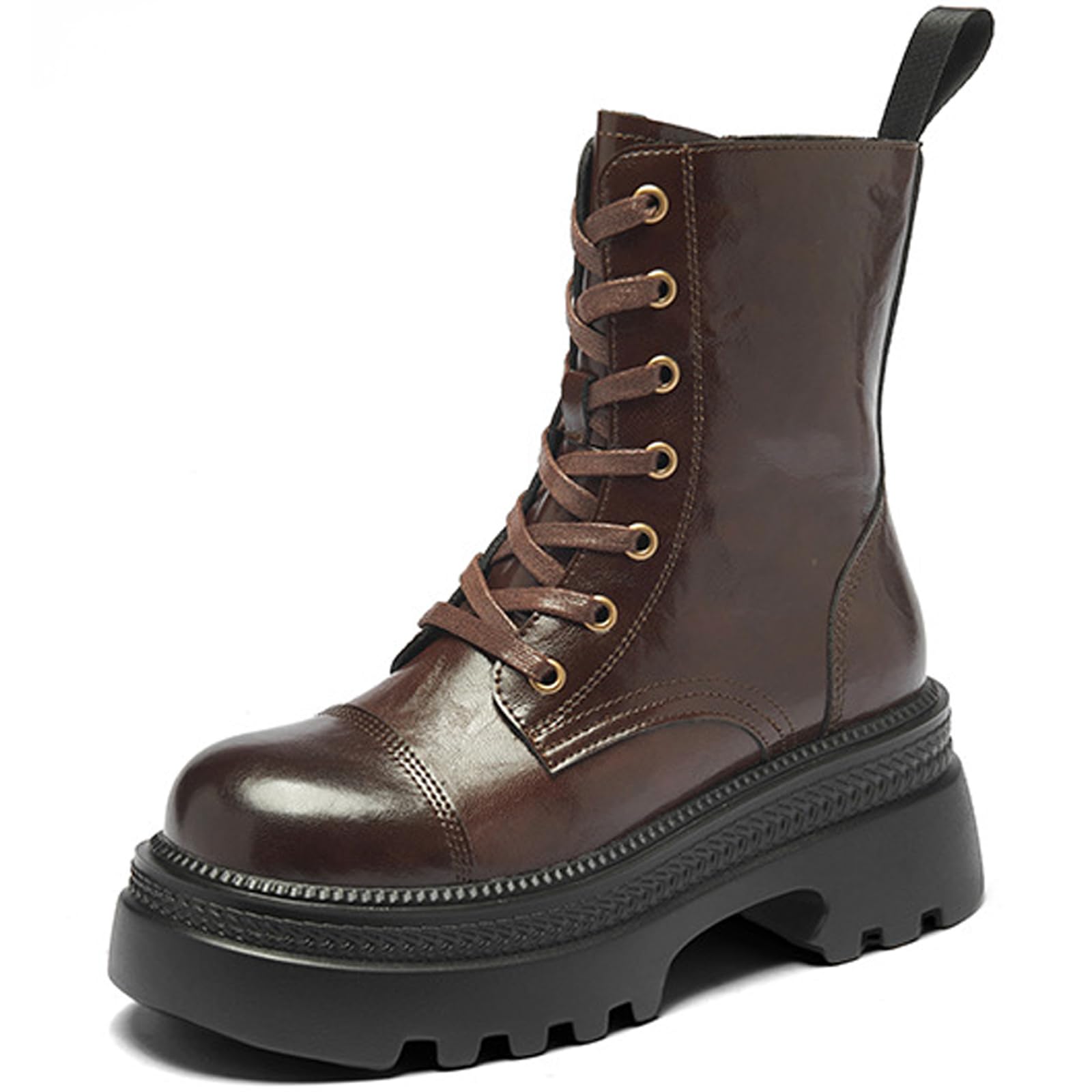 Womens Chunky Lug Sole Platform Ankle Boots Fashion Lace-Up Round Toe Comfort Block Heel Non Slip Motorcycle Combat