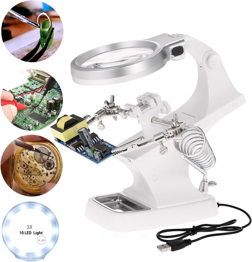 10X LED Light Soldering Magnifier Station 3x,4.5x Helping Hands Magnifying Glass with Alligator Clip and Holder For Assembly,Repair,Modeling,Crafts,jewellery,Watch Repair.(White)