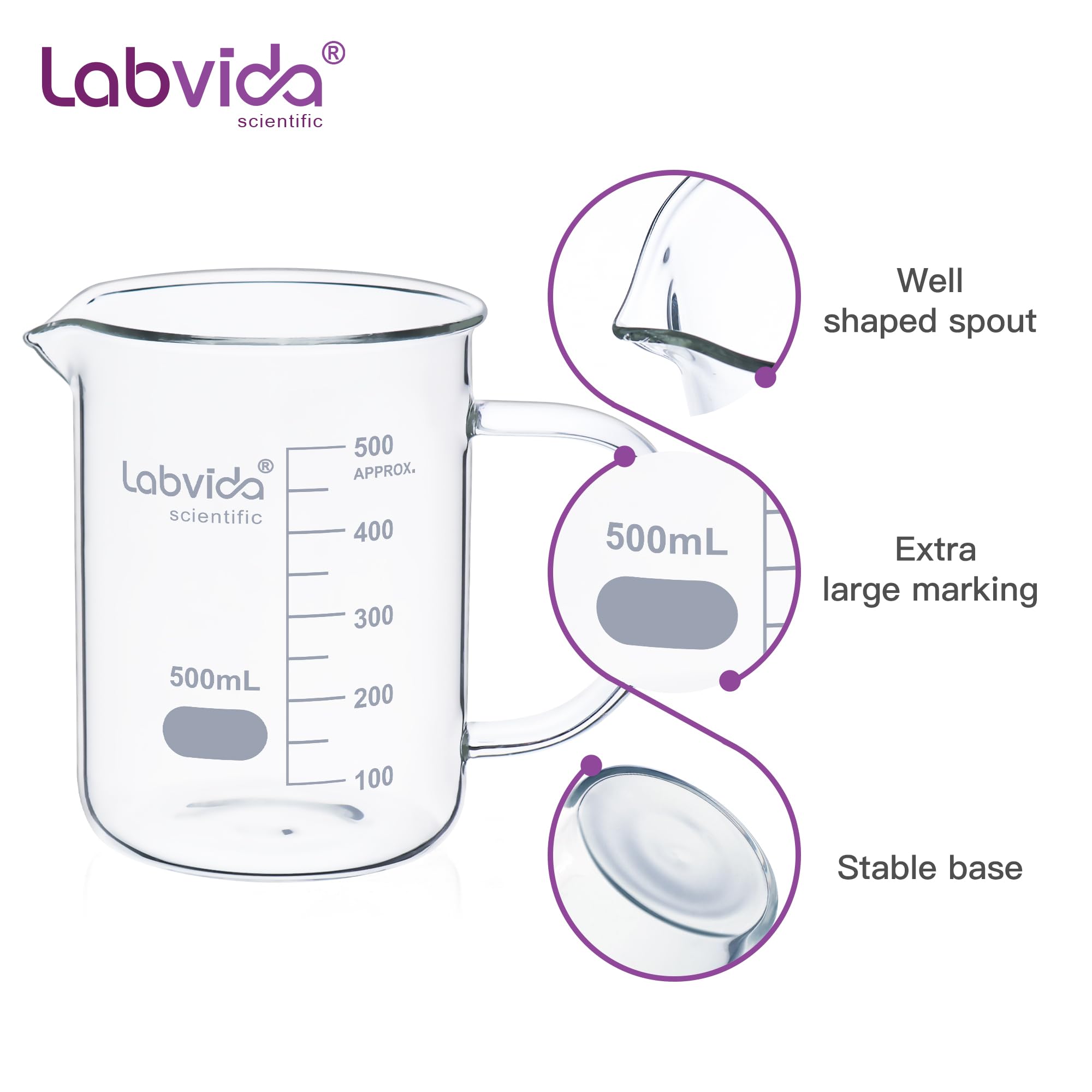 LVAT002 - Vaso de vidrio con asa, 4 unidades de vol. 500 ml, borosilicato 3.3 Griffin de forma baja con graduación impresa, LVAT002