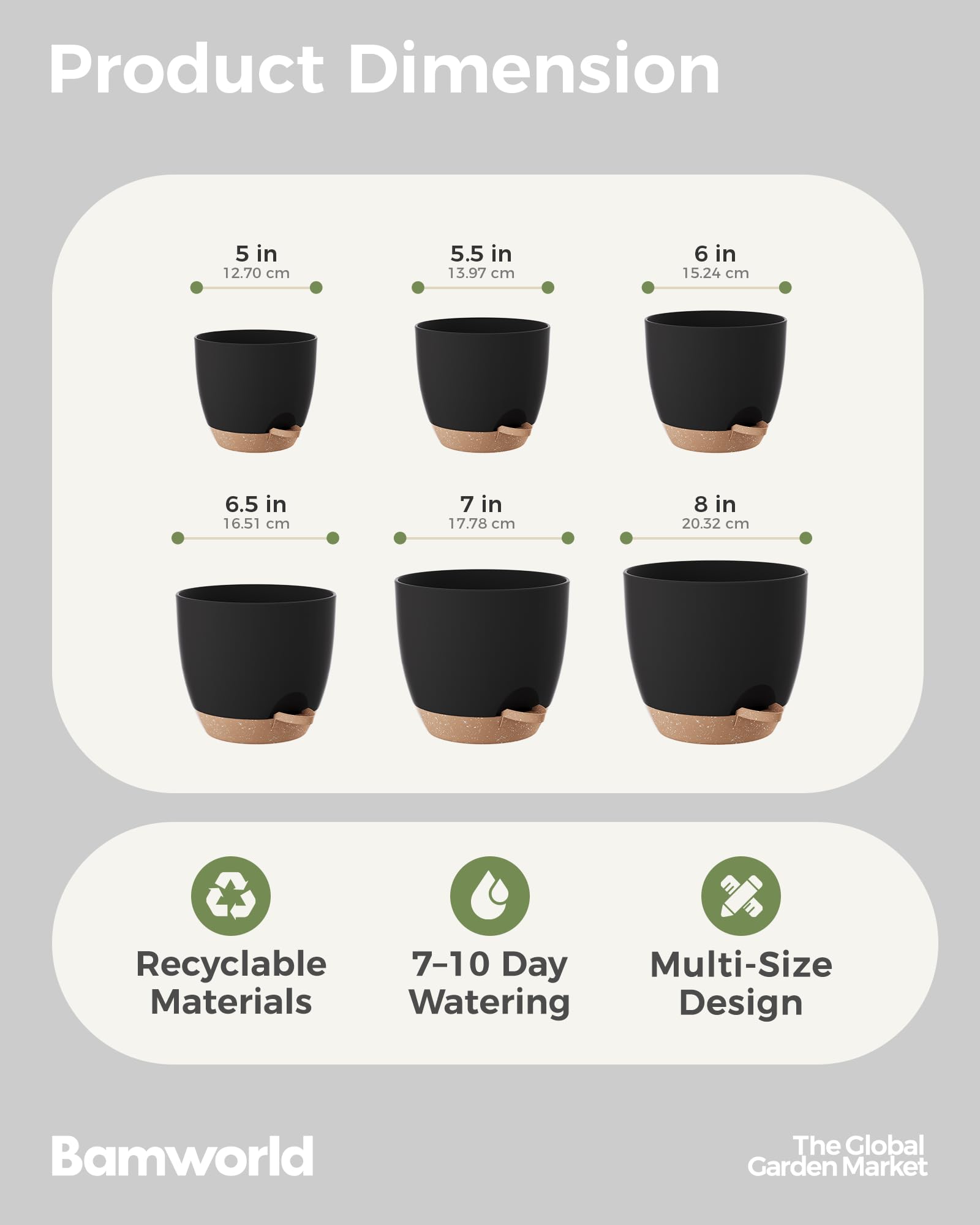 Bamworld Pot de Plantes d'Intérieur avec Drainage 6 Pcs Pots en Plastique Auto-irrigants 12.7cm/14cm/15.2cm/16.5cm/17.8cm/20.3cm pour Plantes d'Intérieur, Fleurs, Cactus