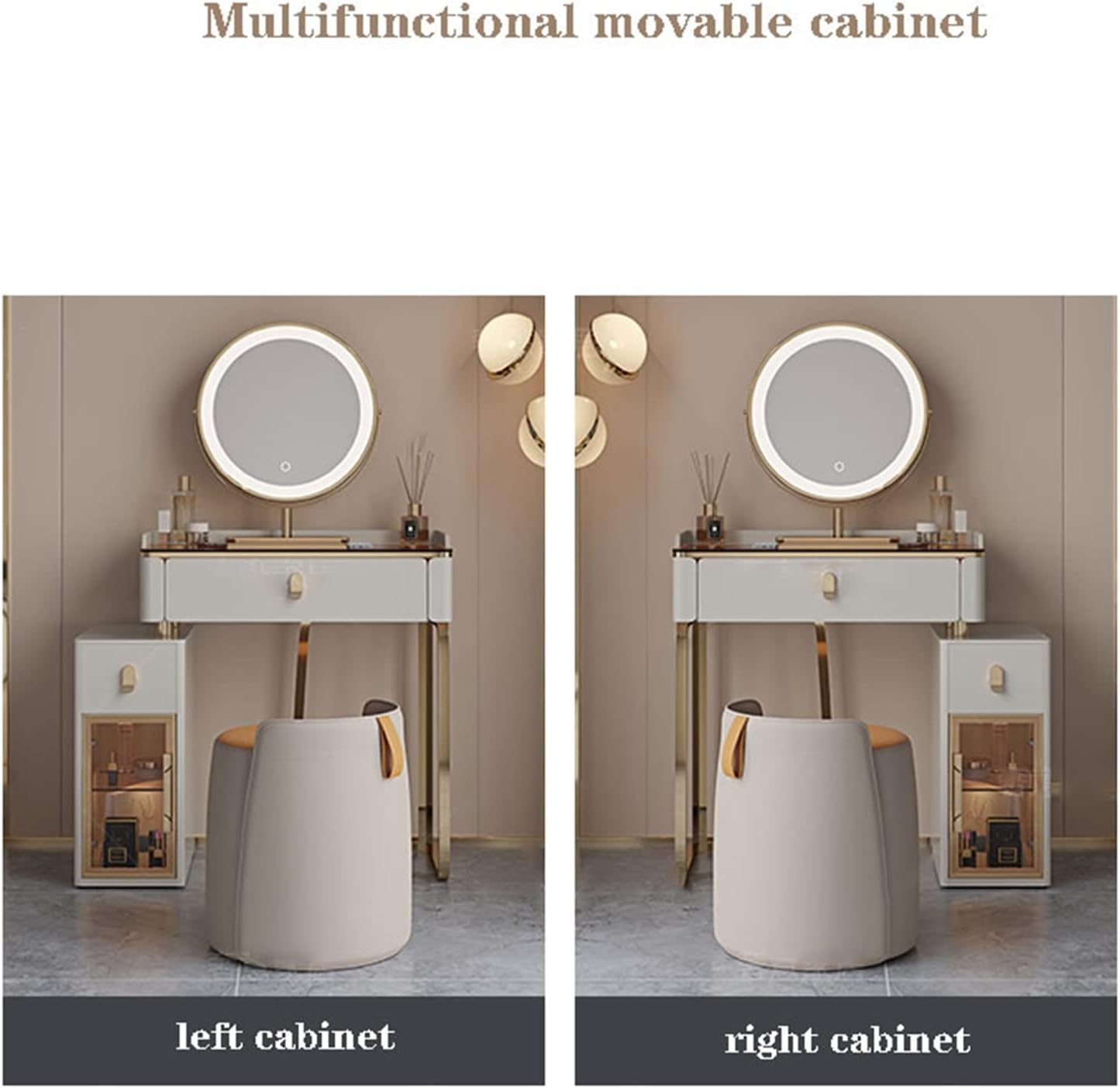 Vanity Dressing Table Set Luxury Makeup Bench with 3 Colors Led Hd Mirror,Comfortable Stool Drawers Cabinet,Modern Simple Style,for Girl's Gift