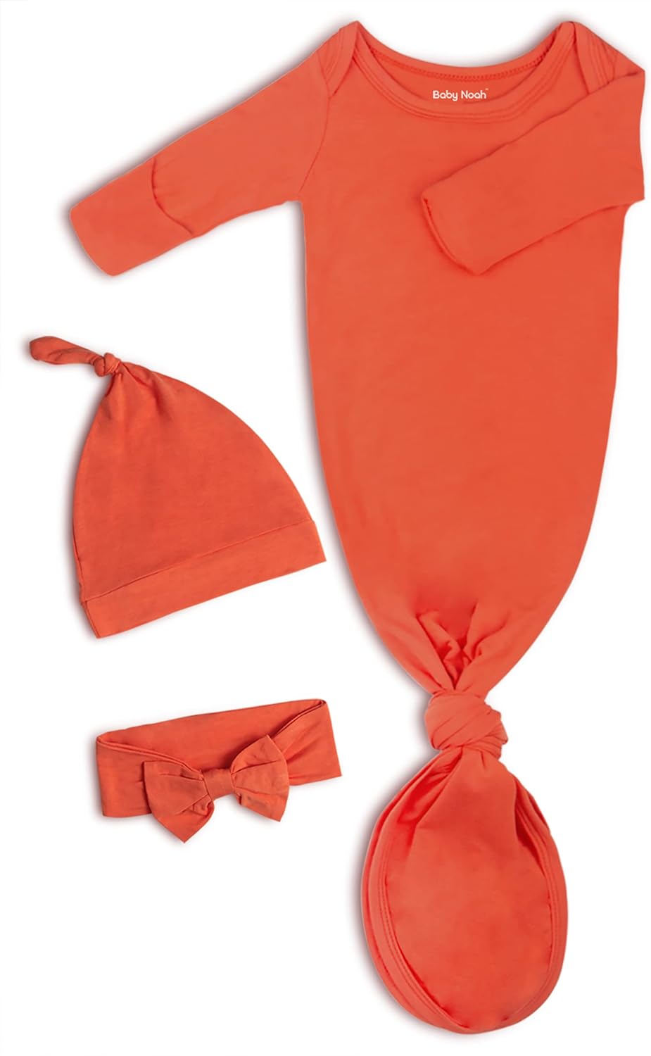 Knotted Gown Baby Newborn Hospital Outfit, Modal Infant Sleeper Gowns with Mittens, Bow and Hat Set, Nightgowns 0-3 Months