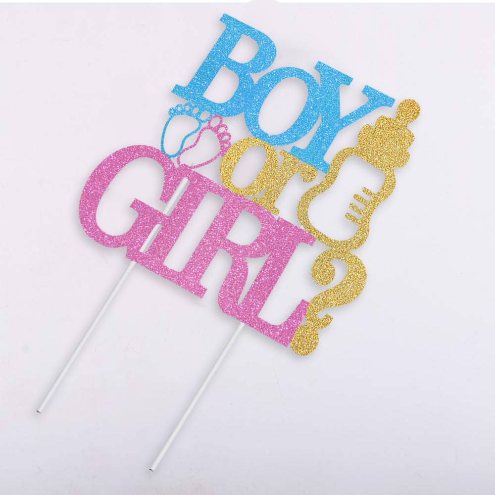 HSC Gender Reveal Cake Toppers, Baby Shower Decorations, Boy or Girl Glitter Cake Topper with Blue Pink Gold - Image 3