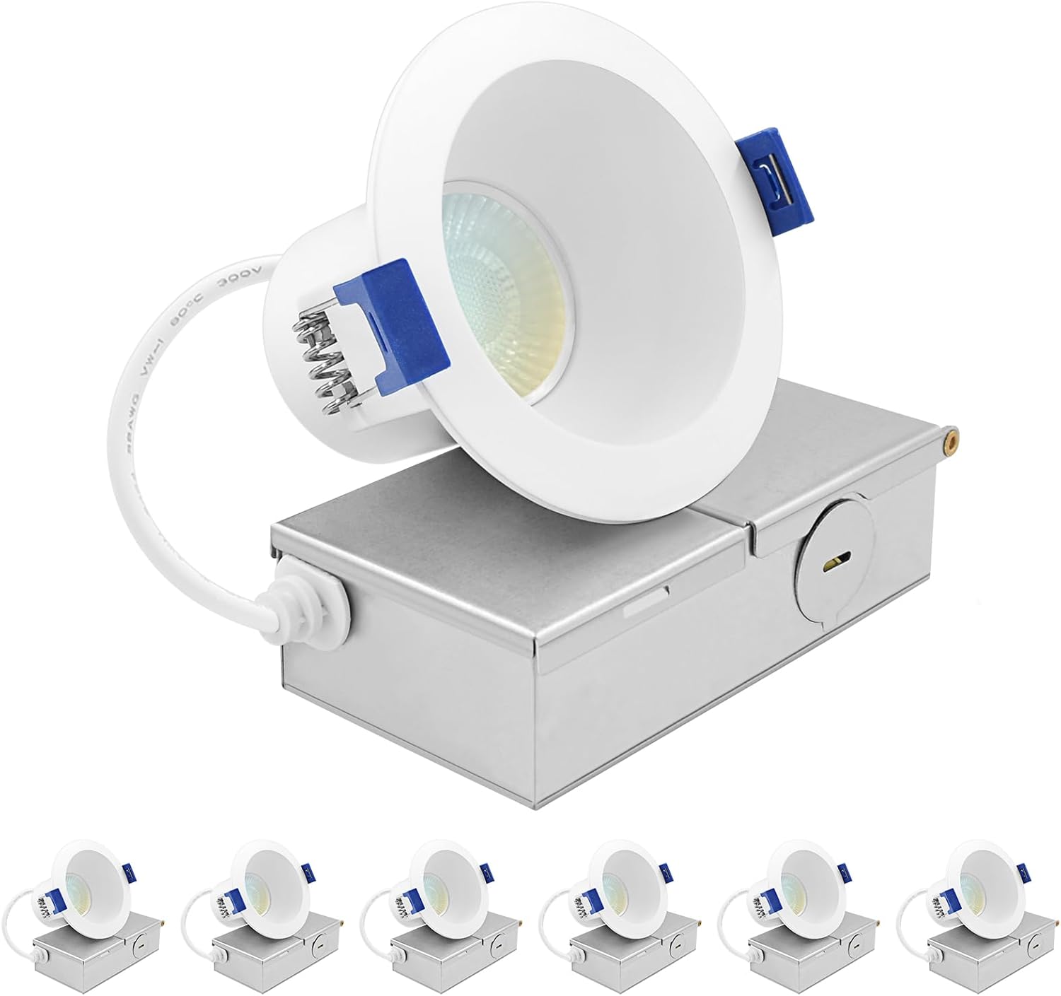 LUXRITE 3 Inch LED Recessed Ceiling Light with J-Box, CRI90, 8W, 5CCT Selectable 2700K - 5000K, 840 Lumens, Dimmable Canless Downlight, Wet Rated, IC Rated, ETL Listed (6 Pack)