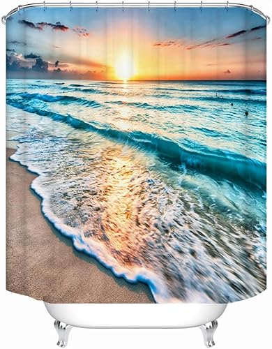 Miniatura 4 de LYFANS El baño tiene una cortina de ducha de playa al atardecer y la bañera tiene una lujosa cortina de ducha estándar. Cortina de ducha de tela