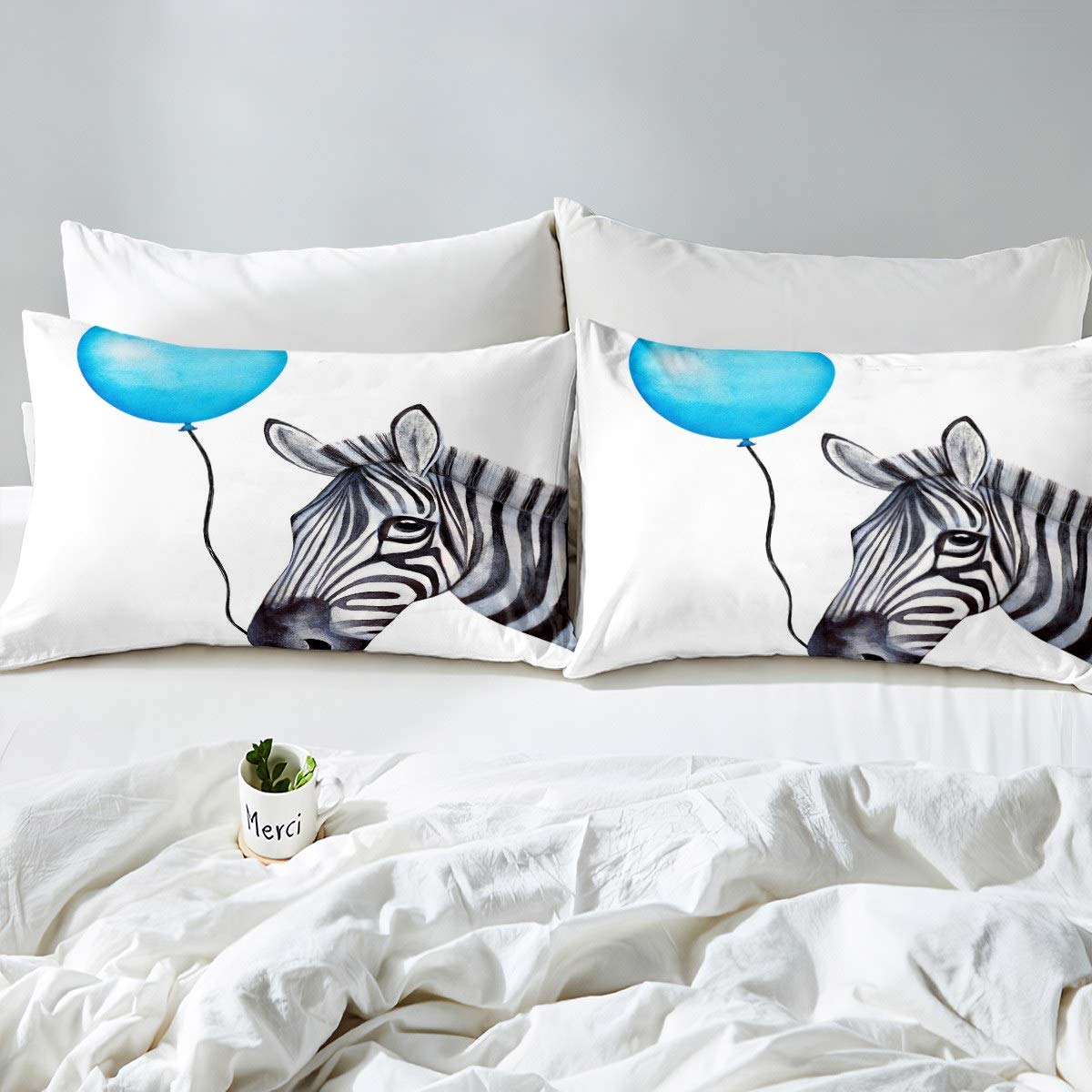 Set di biancheria da letto con motivo zebrato a palloncino, per bambini, ragazzi, ragazze, con motivo a righe, colore: bianco, 3 pezzi