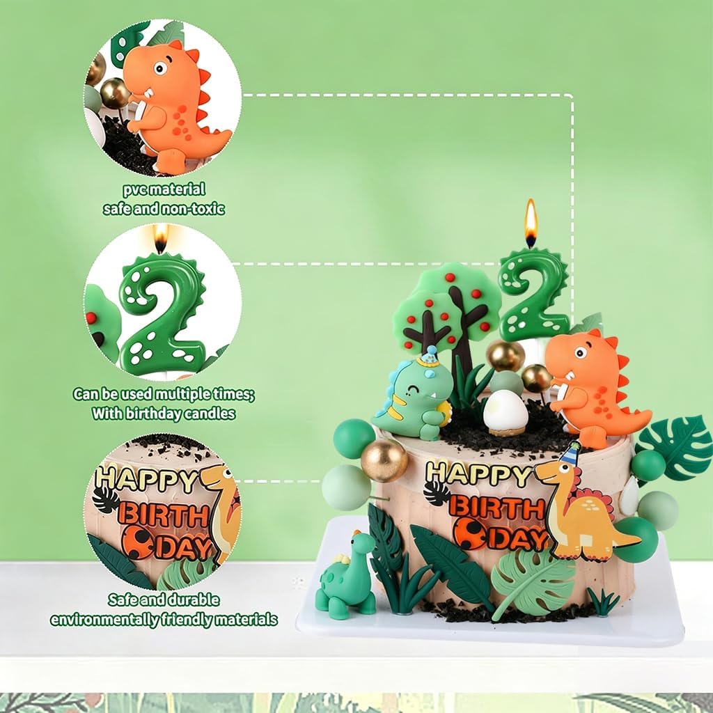Dinosaur Cake Topper Set 27 Pcs for 2nd Birthday - Includes #2 Dino Candle, 3Pcs 3D Dino Figures, Trees, Leaves, Grass, Balls, Happy Brithday Sign - Dino Cake Decoration Set
