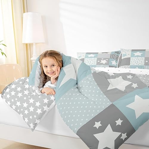 Miniatura 2 de Juego de edredón con patrón de estrellas, juego de ropa de cama de cuadrícula azul y gris para niños, niñas y mujeres, edredón de cielo estrellado