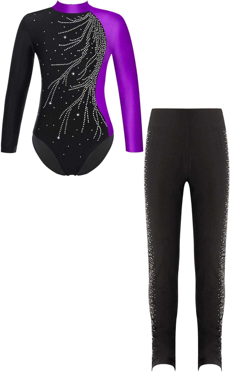 Kids Girls Skating Dance Outfits Long Sleeve Gymnastics Leotard with High Waist Leggings Pants Set Activewear
