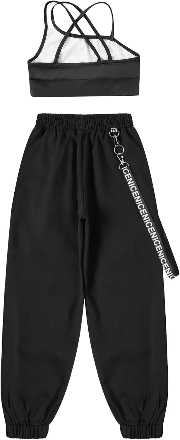 Kid Girls 2 Piece Outfits Girls Crop Tops with Sweatpants Joggers Set Jazz Hip Hop Dance Clothes Set