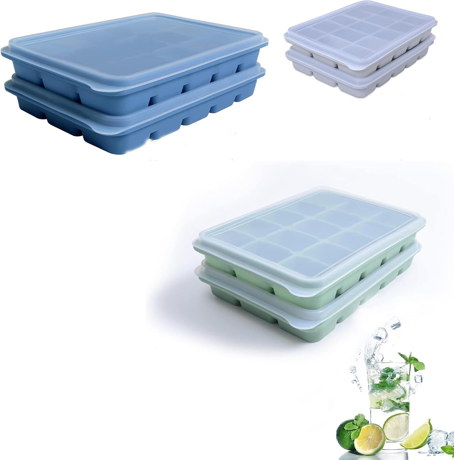 Ice Cube Trays Set of 6 (Green&Gray & Blue) - 15 Flexible Silicone Molds with Removable Lids, Easy Release, Stackable, BPA-Free for Whiskey and Baby Food
