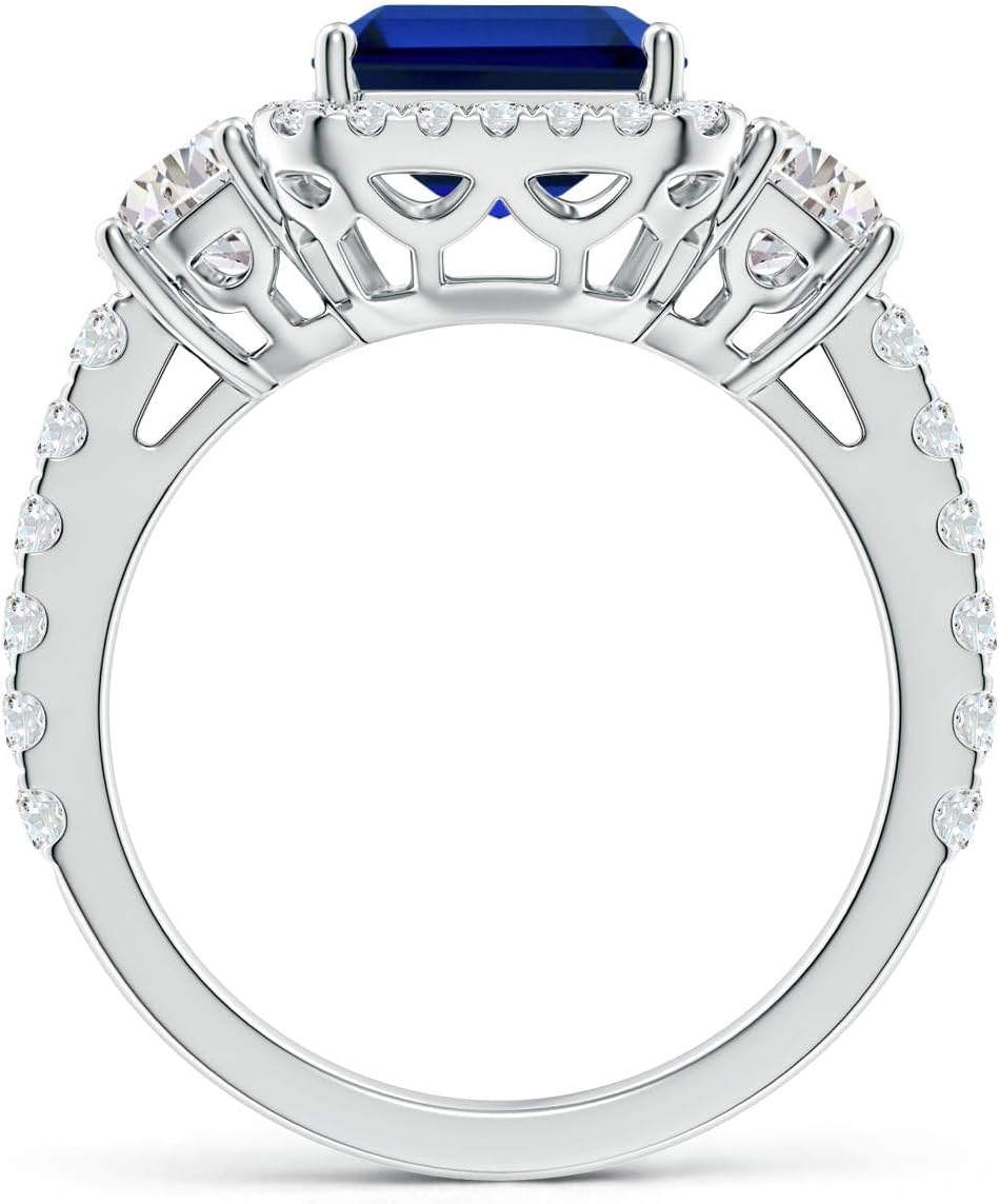 Angara Emerald-Cut Lab Grown Blue Sapphire and Half Moon Diamond Halo Engagement Ring in 14K Solid Gold/Platinum | Birthday, Anniversary, Wedding Jewelry Gift for Women - Image 2