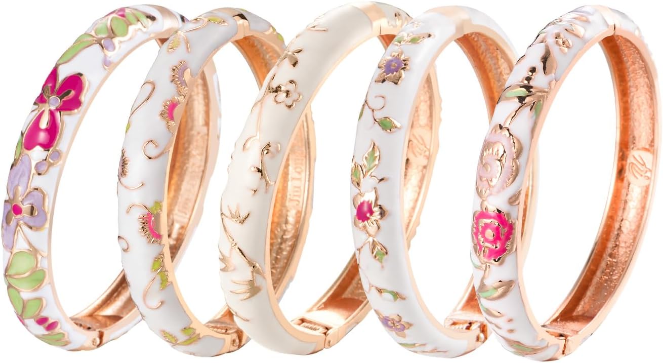 UJOY Enamel Bracelets Pack of 5 Colorful Cloisonne Rose Gold Flower Engraved Bangles for Women Jewelry Gift Pack in a Box 5PCS