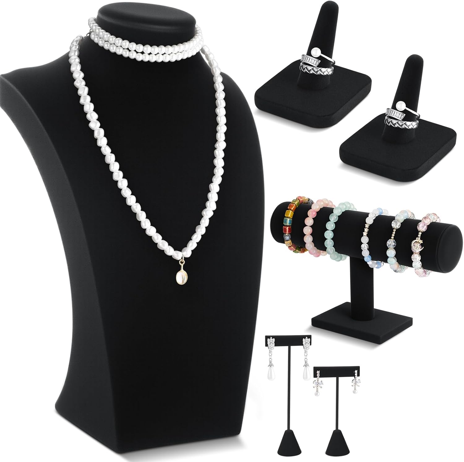 Kigley 6 Pcs Jewelry Display Set Necklace Bust T Bar Bracelet Holder Earring Ring Finger Display jewelry Stand for vendors Selling Store Trade Show (Black)