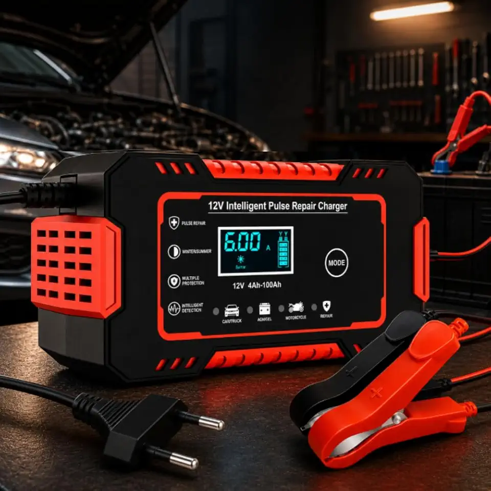 Carregador de Bateria Inteligente 12V Bivolt Para Carro Moto Caminhão – Display Digital LCD com Proteção Contra Curto, Sobrecarga e Superaquecimento | Linha Premium Automotiva