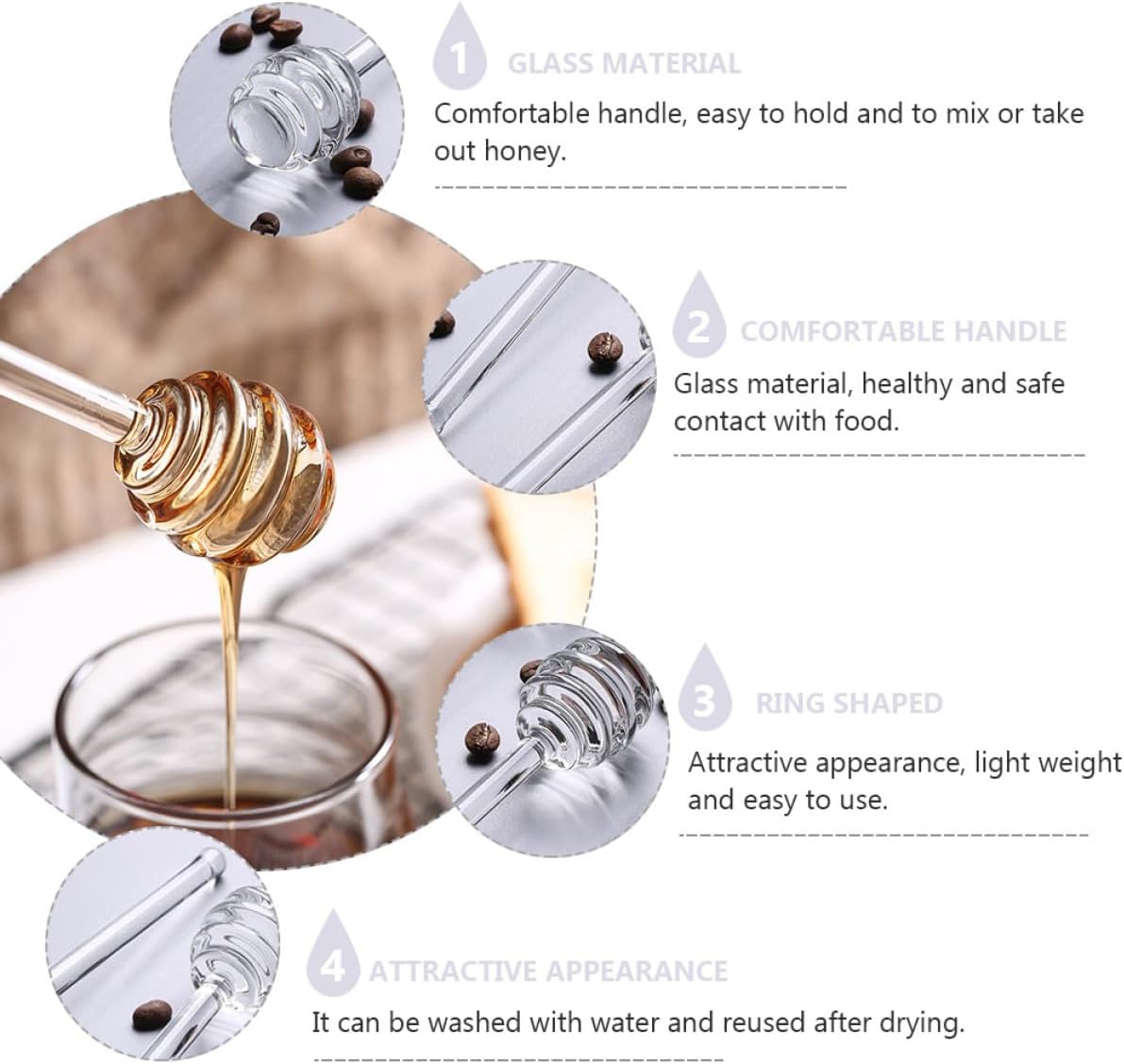 4pcs Glass Honey Dipper Sticks for Honey Stirring and Syrup Serving for Tea Jam and Coffee for Kitchen Use