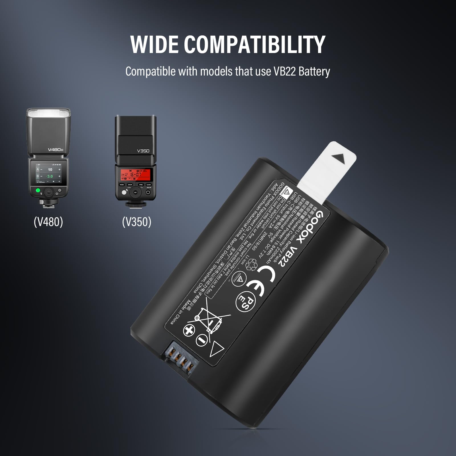 Godox Batteria al Litio VB22 Battery 7,2 V 2200 mAh compatibile con Flash Fotocamera V480 V350