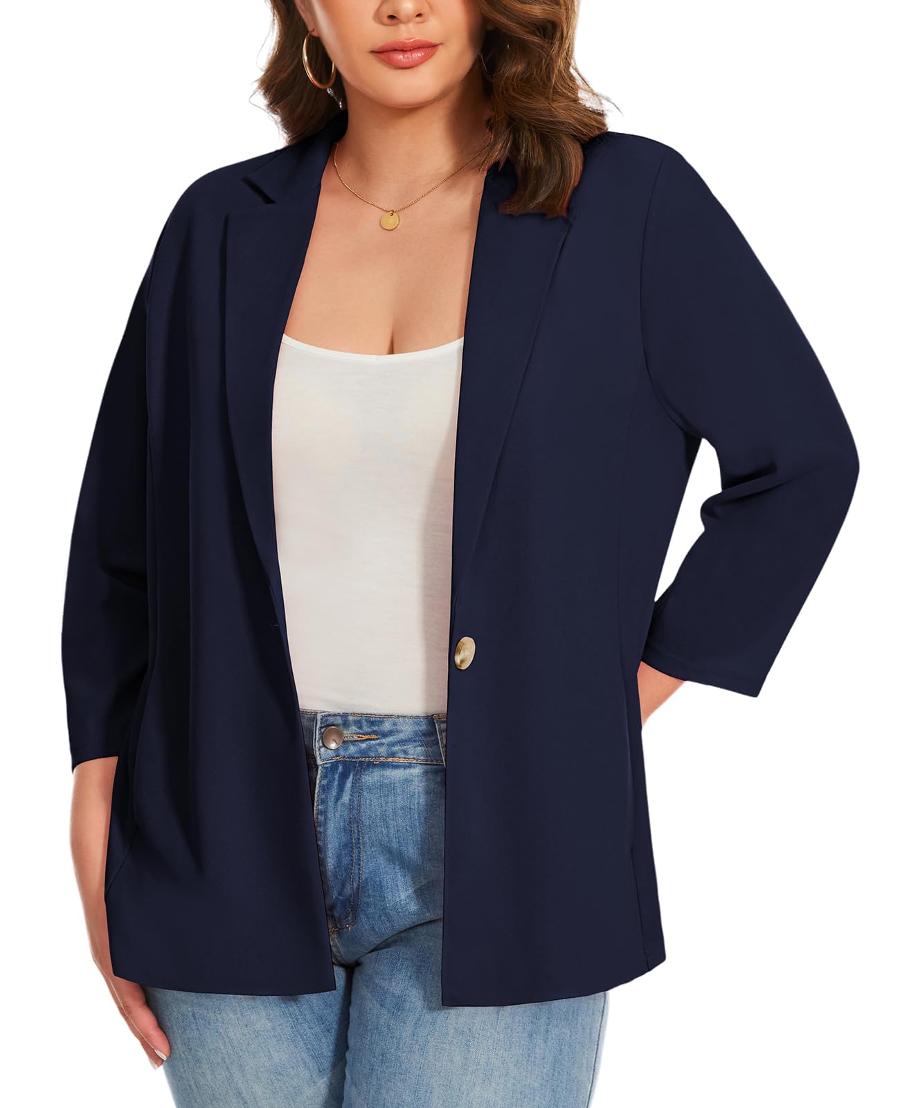 XL-5XL Blazer à manches 3/4 grande taille Blazer à revers cranté Veste semi-doublée pour femme Costumes et blazers à un bouton avec poches intégrées Veste de jour comme de nuit