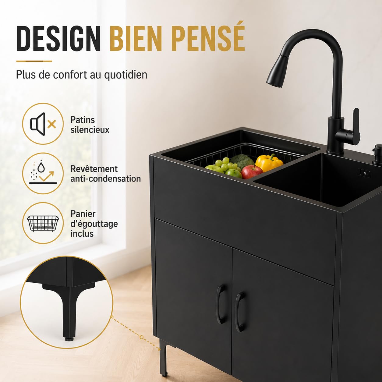 Évier de Cuisine Autoportant, 2 Bacs avec Meuble Bas et Robinet Extractible | 75 × 41 × 78 cm, acier inoxydable 201, égouttoir, bonde et rangement intégré pour cuisine, restaurant ou buanderie