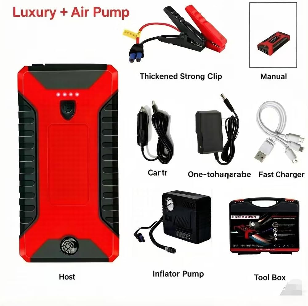 Automobile Emergency Starting Power Supply, 12V Vehicle Power Bank, Small Vehicle Ignition Battery Booster Device for Emergency Power Connection, tire inflator (Standard Configuration of J29)
