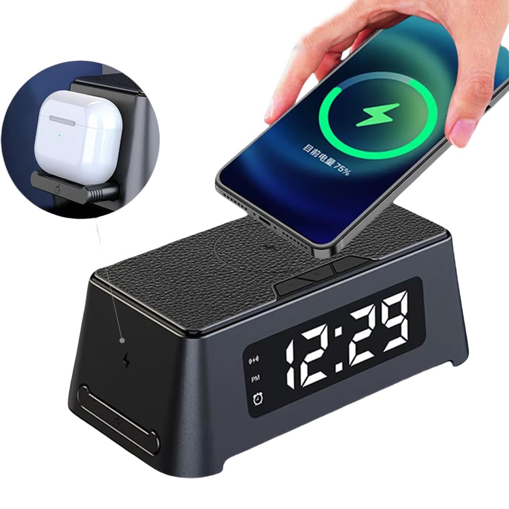 Sveglia con caricatore wireless con luce LED e stazione di ricarica rapida da 15 W per iPhone e Samsung (nero)