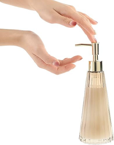 Miniatura 5 de MyGift Dispensador de jabón líquidoloción de vidrio ahumado vintage y latón con diseño acanalado vertical, juego de 2