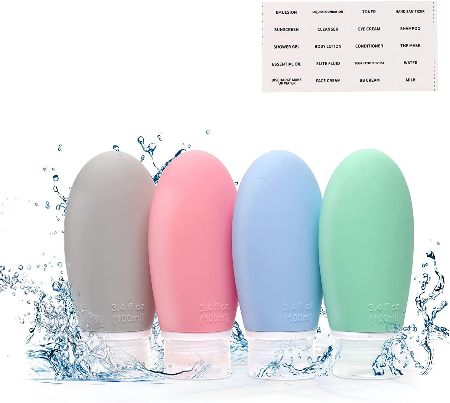 Travel Bottles 3.4 oz TSA Approved Silicone BPA Free Refillable Squeeze Accessories Containers with Labels for Toiletries Shampoo Lotion Cosmetic Conditioner,Travel Size Bottles(4 Pack Mix Color)