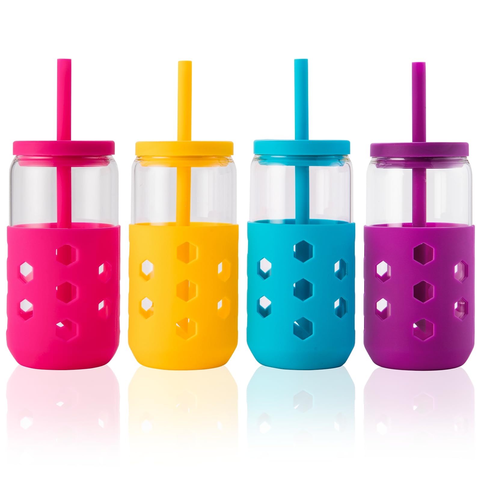Photo 1 of [PARTIALS] Mrsdry Glass Cups with Lids and Straws (4 Pcs), 16oz Drinking Glasses Set with Silicone Sleeves for Coffee Bar Accessories Iced Coffee Cups with Lids, Glass Tumbler Reusable for Gifts
