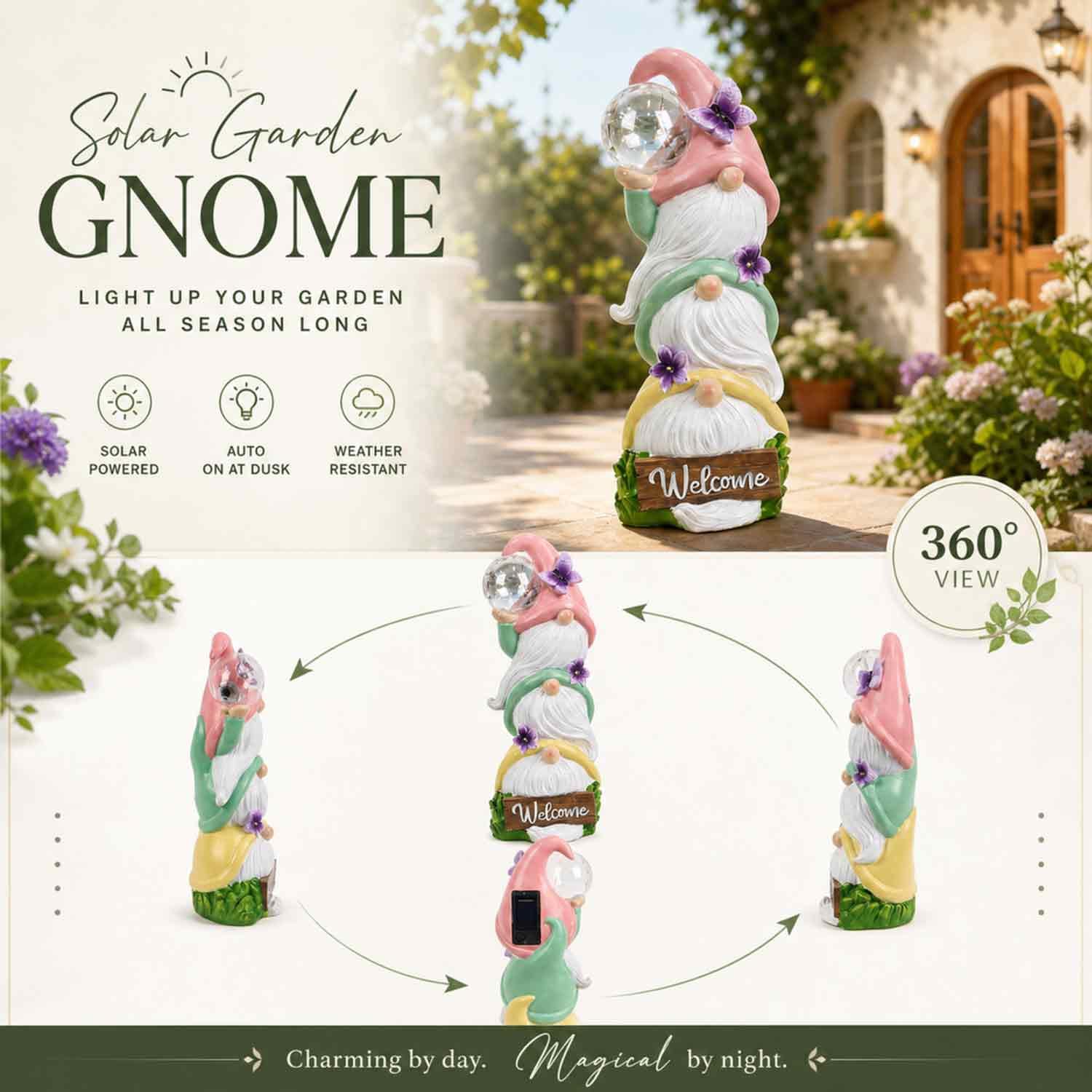 Statue di gnomi da giardino con luci solari, impermeabili per esterni, 3 gnomi primaverili impilati, sculture regalo di compleanno per donne, nonna, 30 cm, cartello di benvenuto