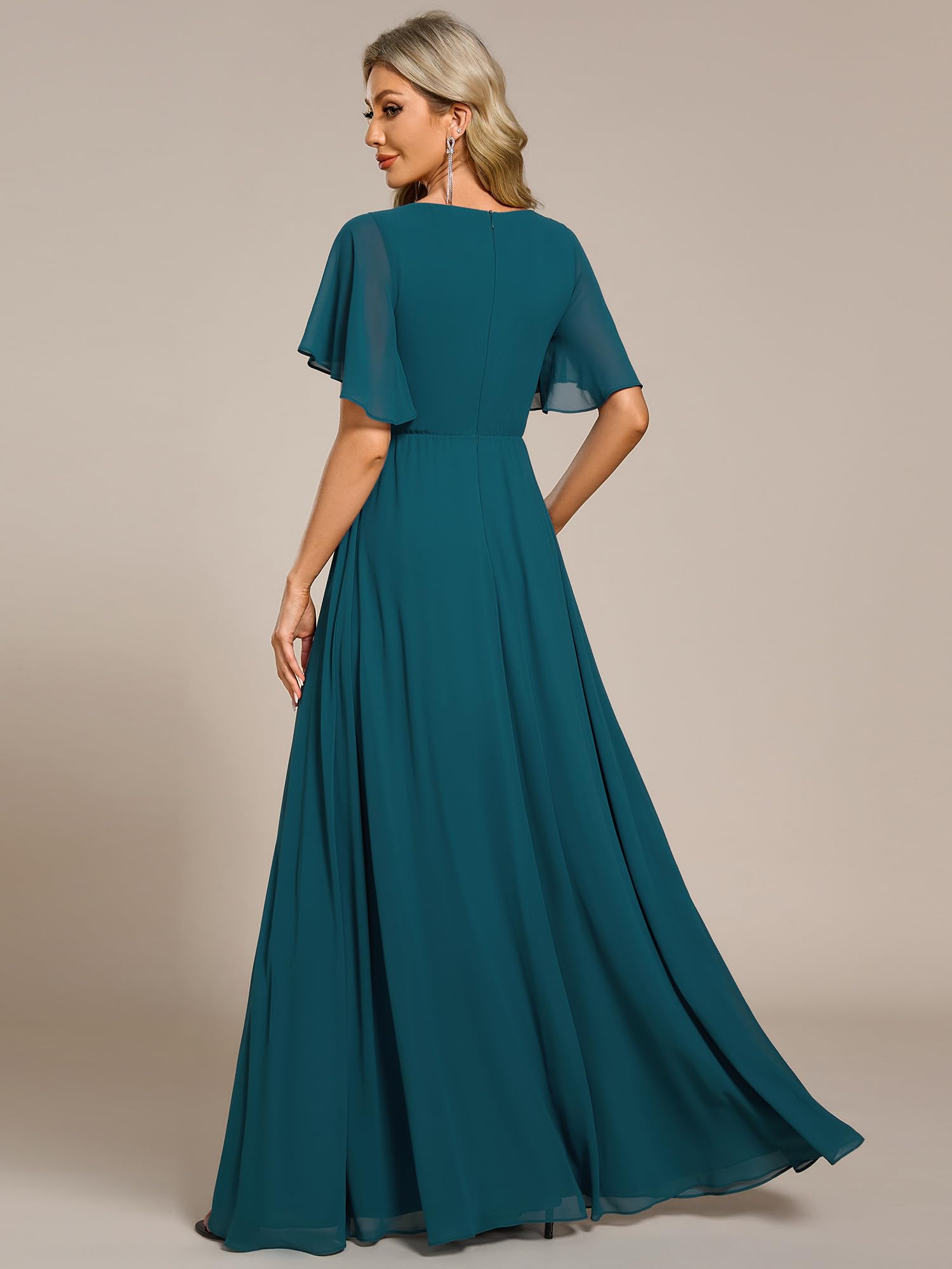 Ever-Pretty Abendkleid Elegant für Hochzeit Damen Lang Rundhalsausschnitt Abendkleider Langarm Brautjungfernkleider