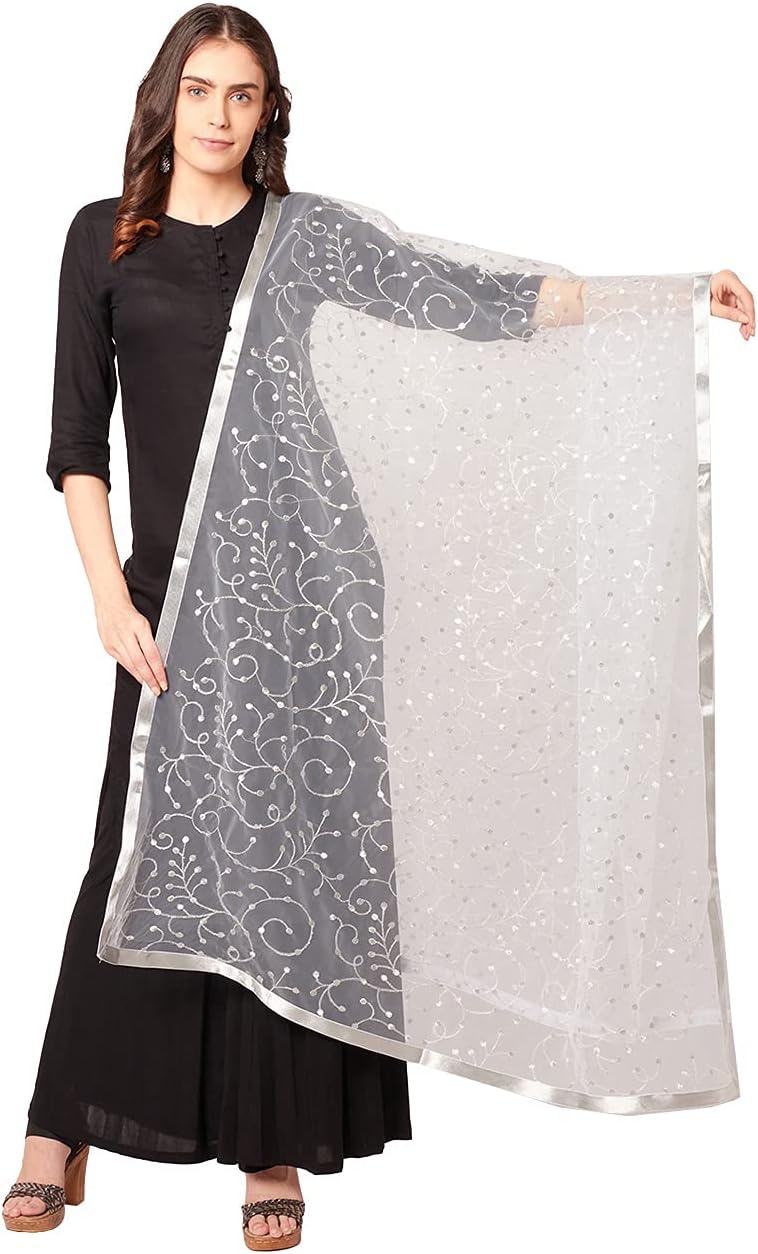 Women's Embroidered Silver Net Dupatta