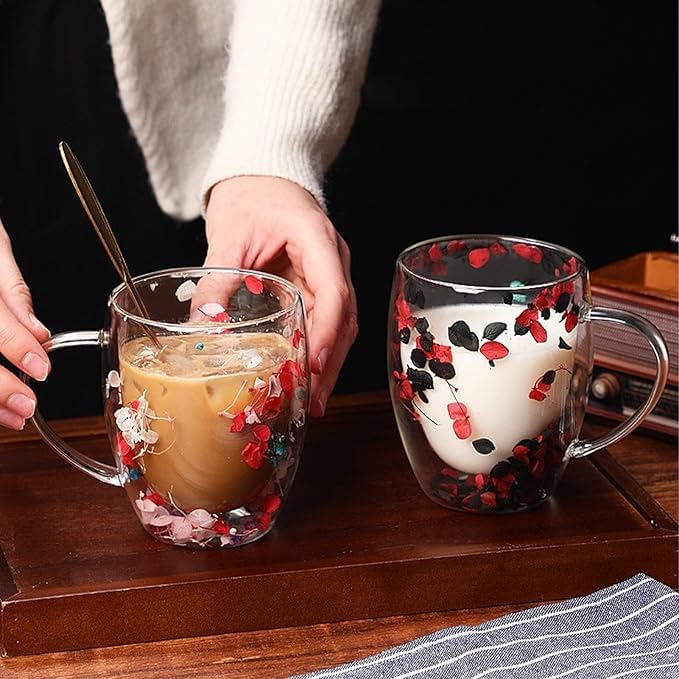 Image of PrimeWorld Double Wall Glass Coffee Mugs with Handle - Set of 2, 250ml Clear Flower Design Tea Cups | Insulated Glass Mugs for Hot & Cold Beverages, Cappuccino, Latte, Espresso, Tea (Red & Pink)