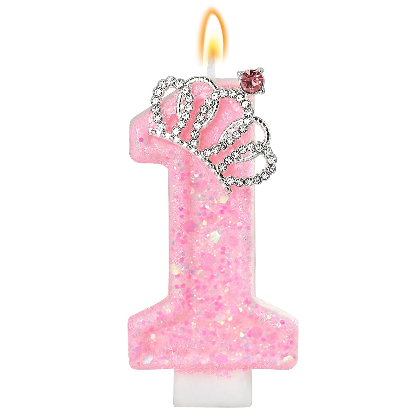 LunarCharm Pink Birthday Candles – Glittery Number Candle for 1th Birthday Party with Crown, Number 1, for Cake, Cupcake Decorations, Party Decorations, Anniversary Celebrations