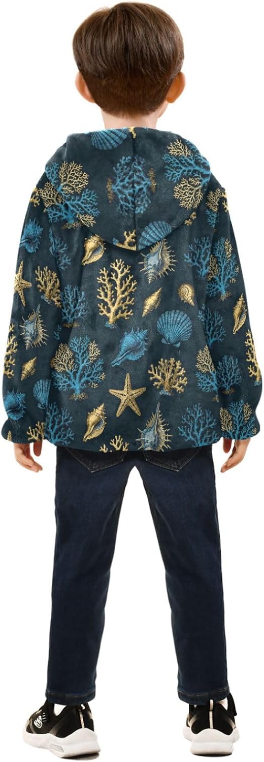 Navy Blue Sea Shells and Corals Pattern Toddler Light Jackets Children Winter Coat Navy Blue Baby Boy Girl Clothes