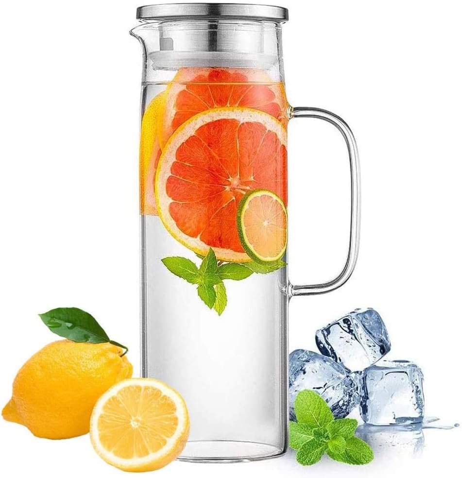 HwaGui Water Jug with Lid, 1 Liter Glass Carafe, Iced Tea Pitcher for