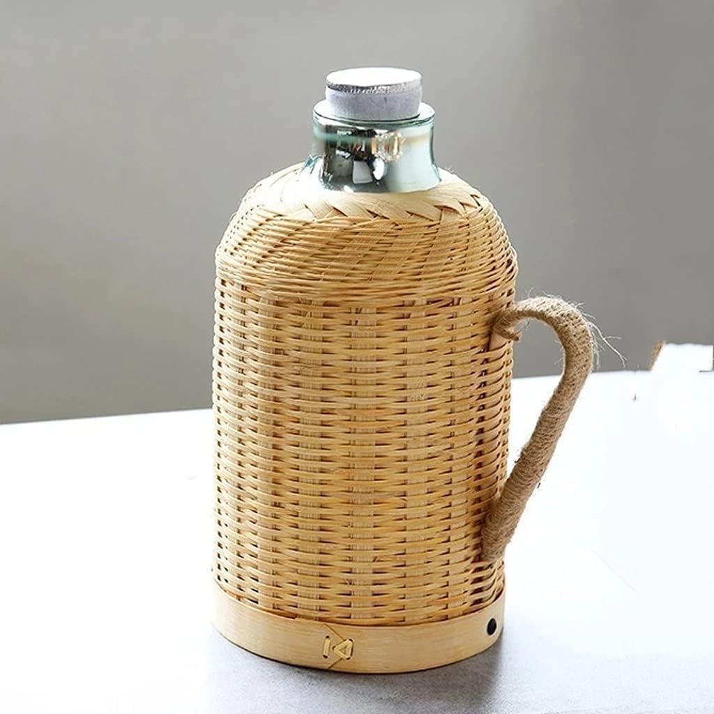 Handmade Bamboo Weaving Thermos Pot Bottle For Water With Cork Lid Cover And Handgrip Vacuum Flask Keep Warm Glass Inner Large Long holding time (Color : Bamboo green shell)