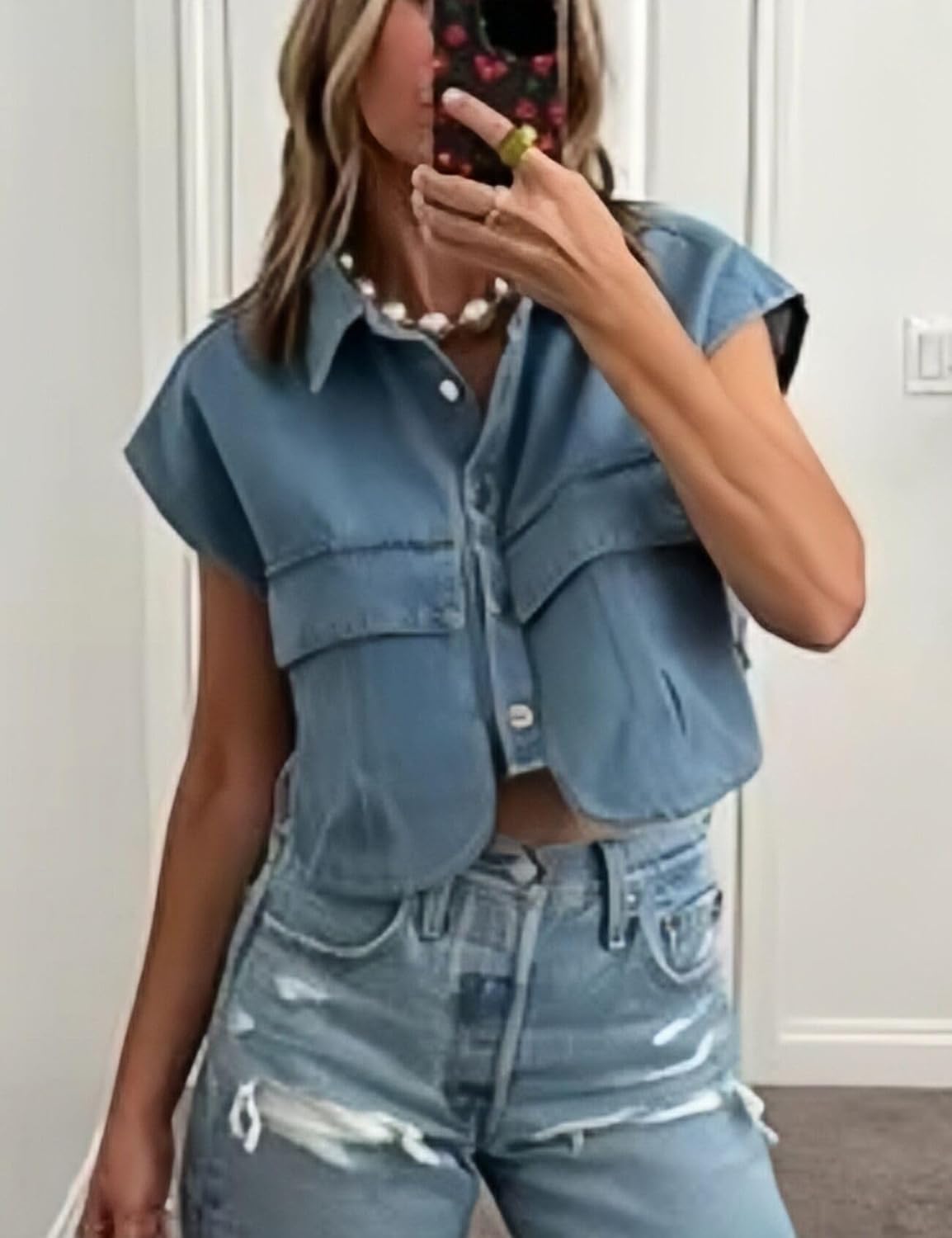 Womens Denim Cropped Button Down Shirt Collared Sleeveless Summer Loose Jean Crop Top with Pockets - Image 6
