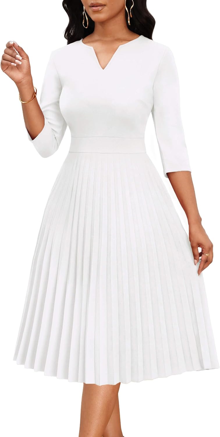 Nmoder Midi Dresses for Women - 3/4 Sleeve Pleated A Line V Neck Church Cocktail Wedding Guest Dress with Pockets