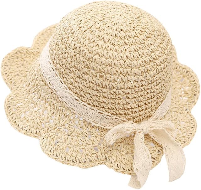 Uniyoung Baby Girls Summer Straw Hat Toddler Kids Lace Bowknot Sun Protection Hats Wide Brim Foldable Beach Hat for Holiday Travel Outdoor