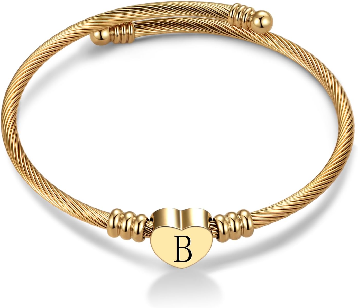 Women Gold Plated Heart Initial A-Z Letter Cuff Bracelets Expandable Stainless Steel Birthday Jewelry
