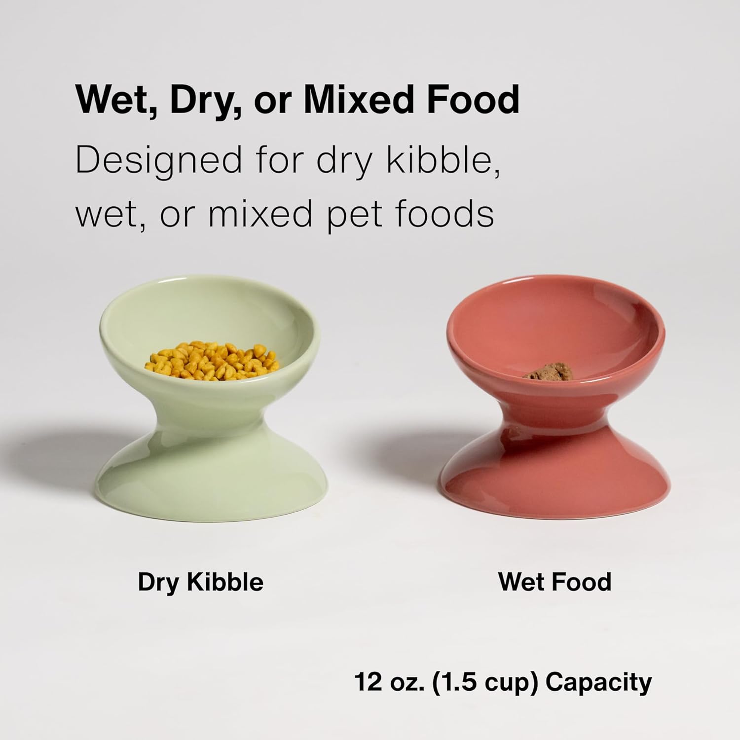 RAWRY Raised Ceramic Cat Bowl, Elevated Tilted Cat Bowl, Wide Shallow Cat Dish, Whisker Fatigue Cat Bowl, Dishwasher & Microwave Safe for Wet or Dry Food, Cats & Small Dogs, 12 oz (Seafoam)
