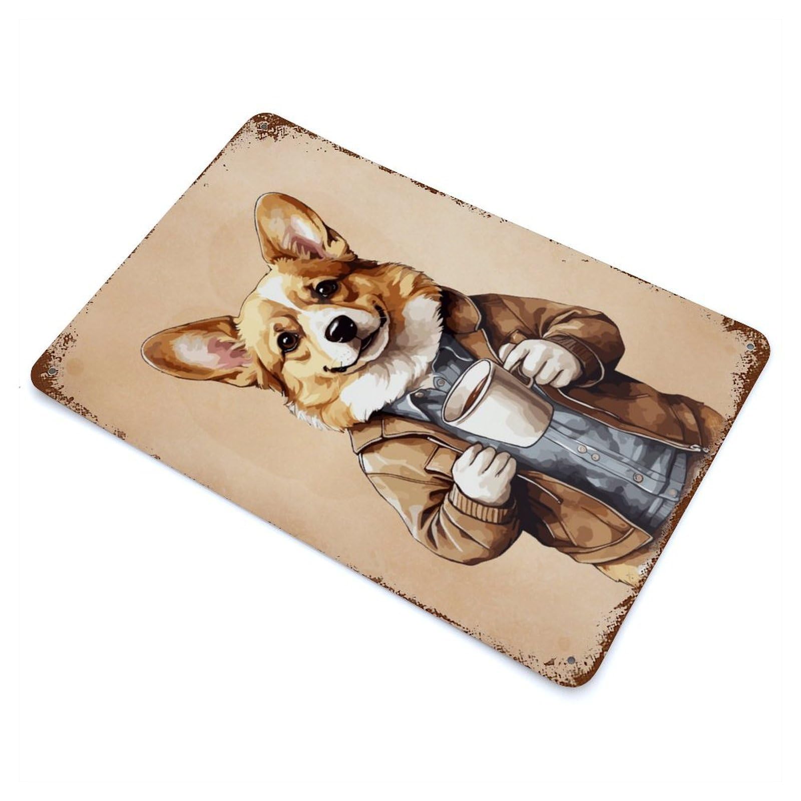 Rust Effect Corgi Animals Coffee Vintage Rust Metal Sign 11.8"x7.9", Classic Wall Plaque for Shed, Workshop And Garage Wall Decor
