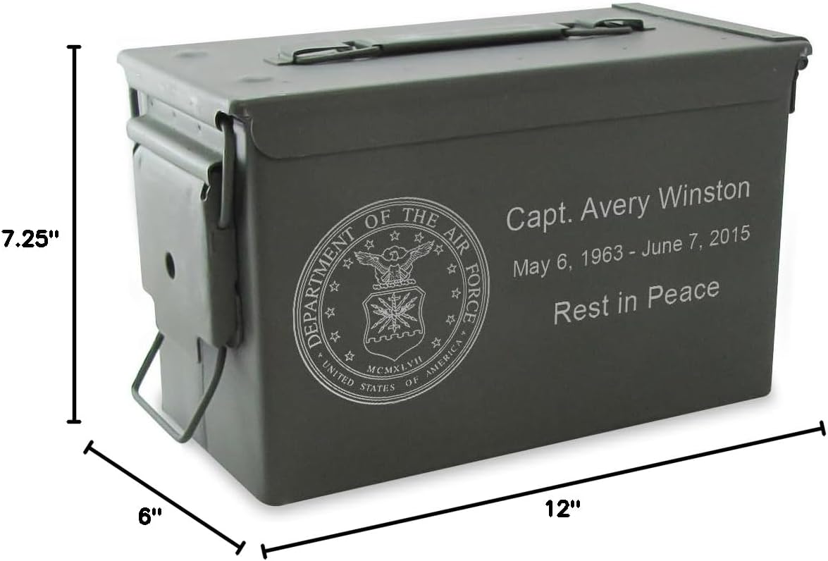 Air Force Military Tribute Ammo Can Cremation Urn for Veterans Ashes - .50 Cal Ammo Can for Military Funeral - Personalization Included