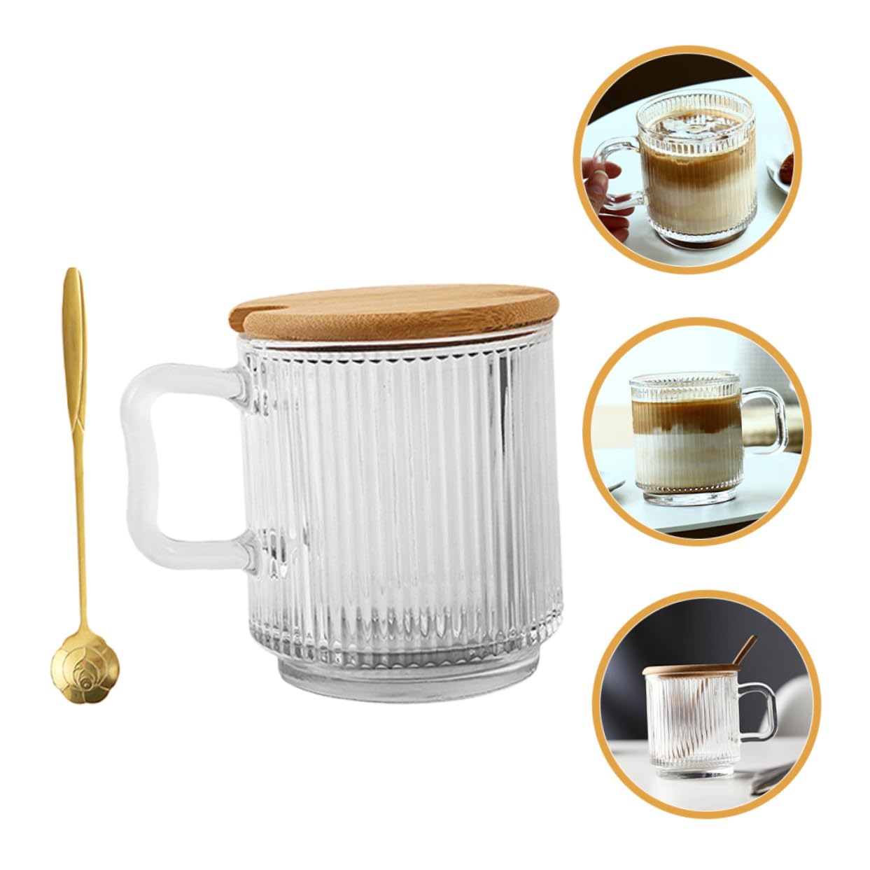 Hohopeti Set 2 Tazze da Caffè in Vetro con Manico, Coperchio in Legno e Cucchiaino, Capacità 340ml, per Casa e Uso Esterno