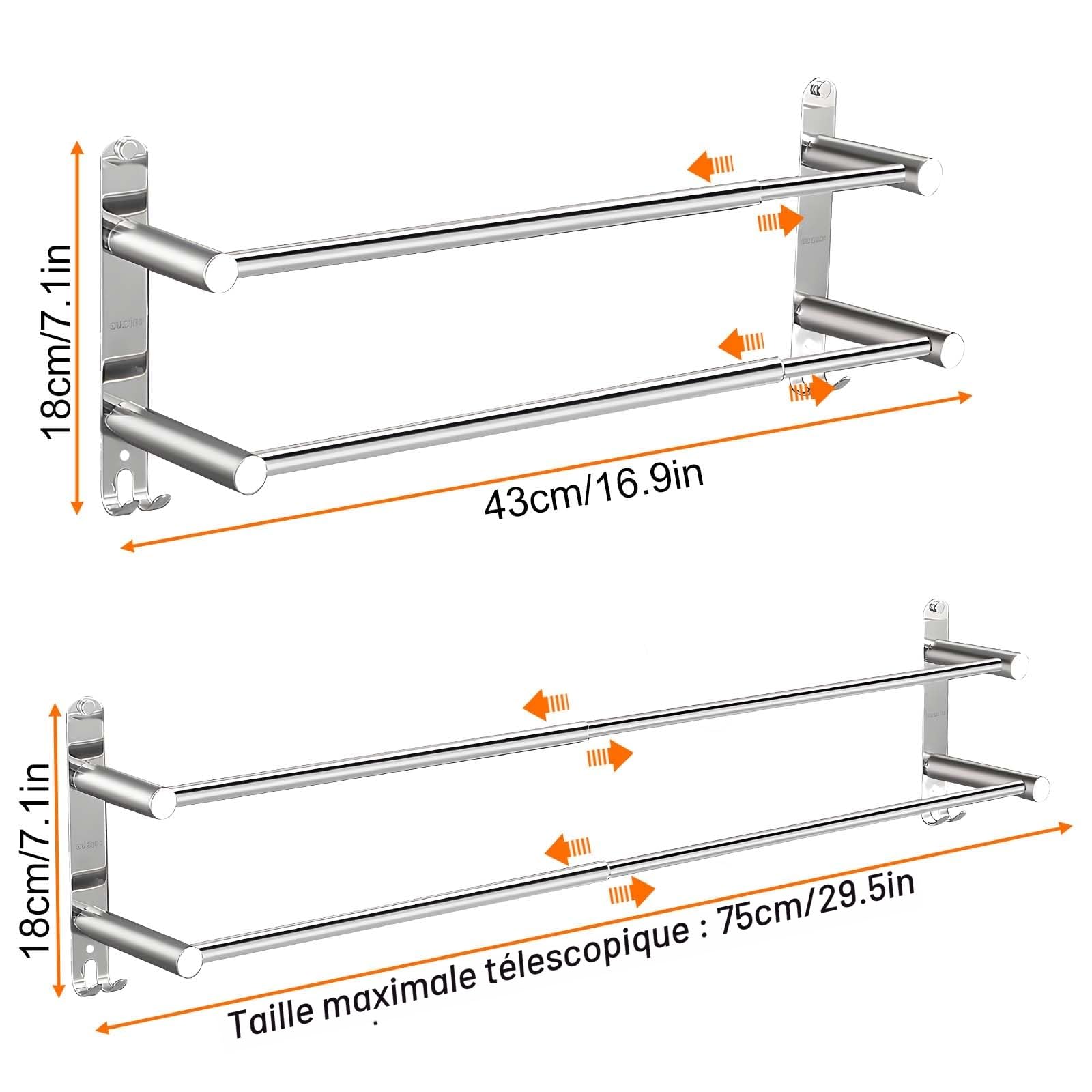 Porte Serviette Murale 2 Barres Porte-Serviettes Telescopique 43-75cm Porte Serviette en Acier Inoxydable Support Serviette Salle de Bain avec Crochets - 2 Méthodes d'Installation - Argent