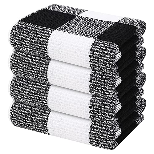 100% Cotton Waffle Weave Kitchen Towels, 13 x 28 Inches, Super Soft and Absorbent Buffalo Check Dish Towels for Drying Dishes, 4-Pack, Black & White