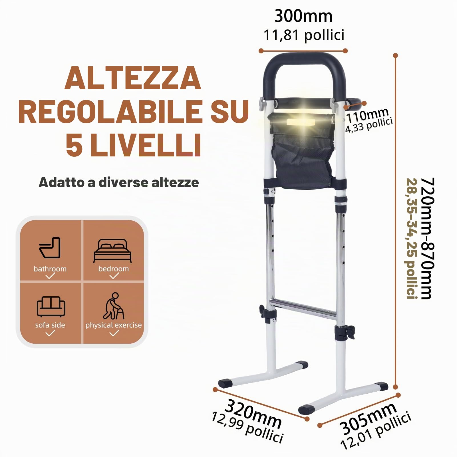 Ausilio per stare in piedi e seduti,ausilio stabile per stare in piedi per anziani,regolabile in 5 livelli con lampade e borsa portaoggetti,ausilio per la mobilità e la vita quotidiana,capacità 136 kg